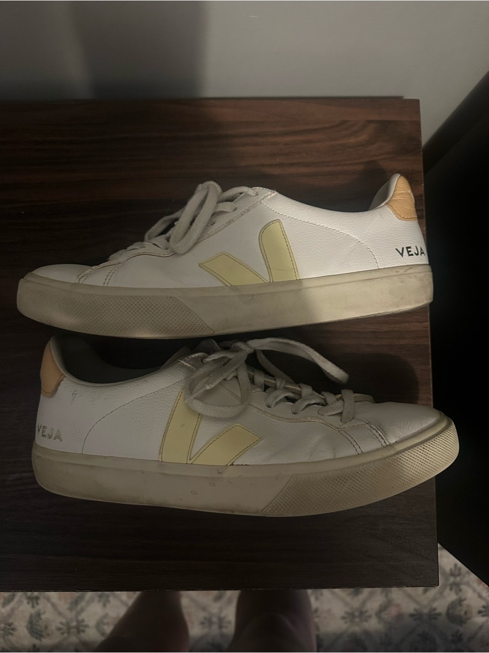 Veja White Sneakers with Pale Yellow V and Tan Heel